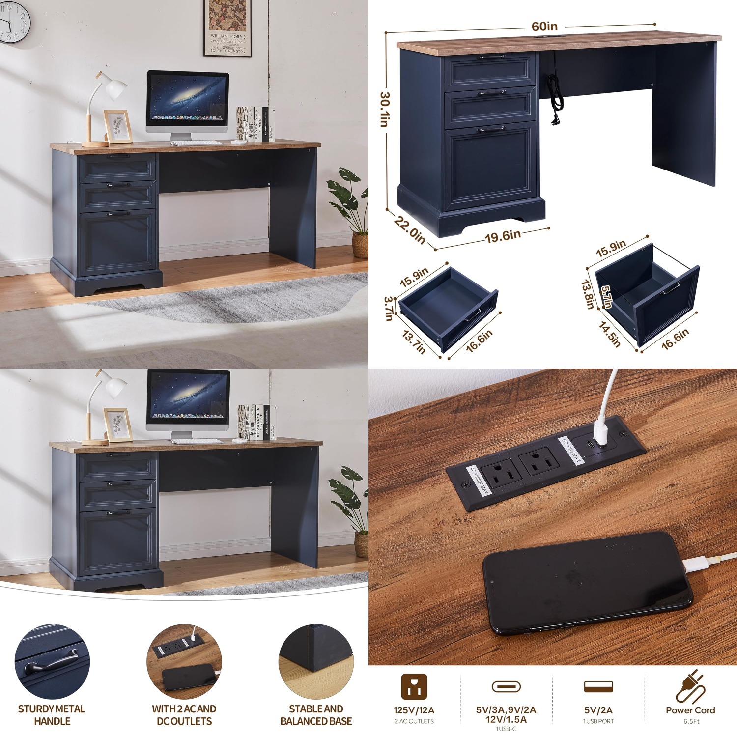 Office Furniture Filing Cabinets - 60in Farmhouse Executive Desk Charging Station
